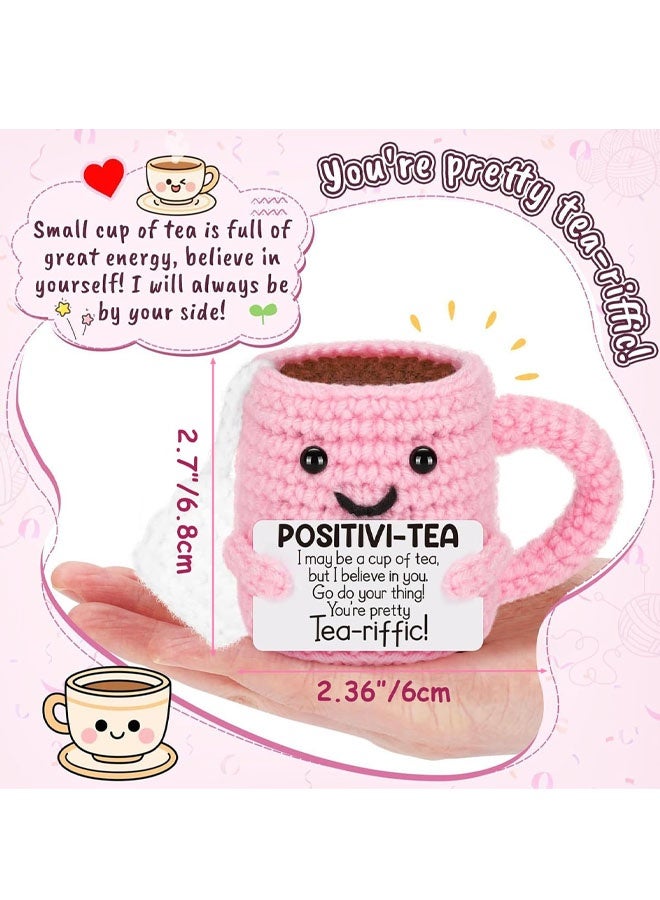 Cute Birthday Gifts for Women, Positive Handmade Crochet Pink Tea Cup Desk Decor–Tea Lovers Funny Unique Emotional Small Gift for Best Friends Girlfriend Wife Mom Coworkers Thank You Valentines Day - Image 3